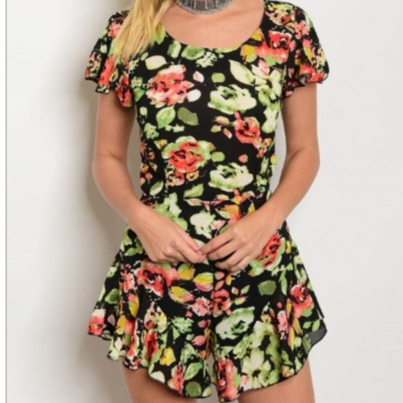 C.C. Boutique Pants - NWT Black/Neon Floral Flutter Hem Boho Romper